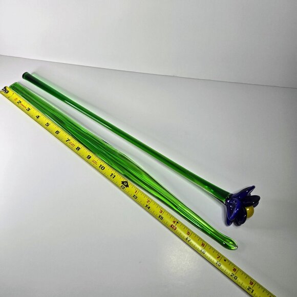 Art Glass Flower Hand Blown Dark Blue Yellow Long Green Stem Flower With Leaf - Picture 7 of 16